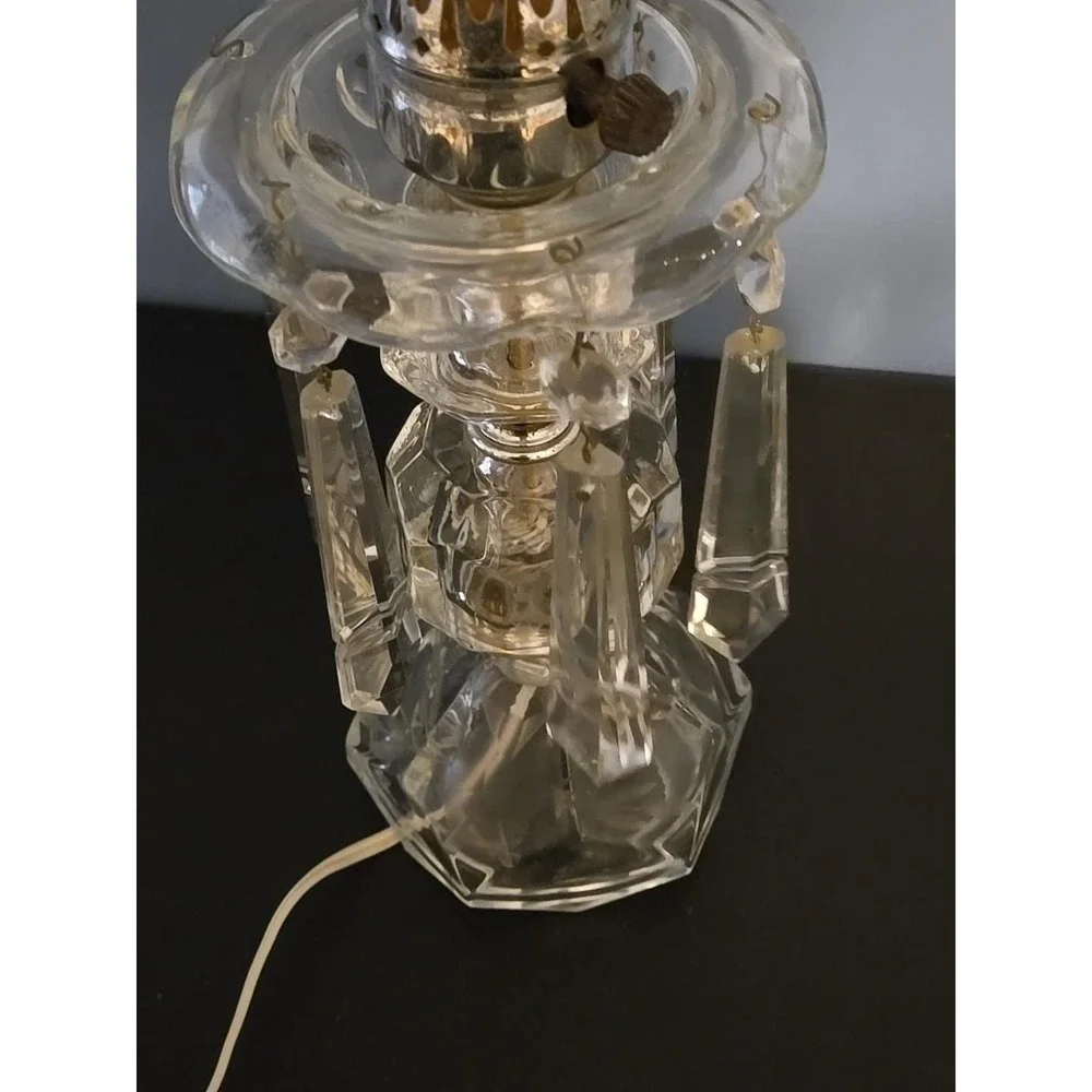 Pair of Etched Glass Boudoir Mantle Crystal Prisms Hurricane Table Lamps